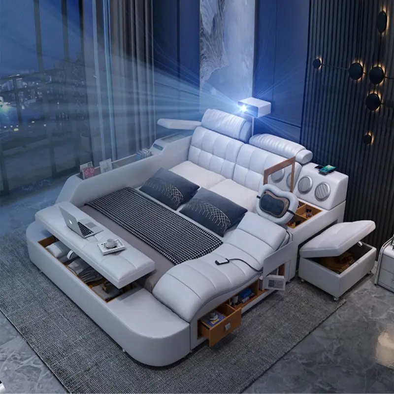 Cama doble de masaje inteligente para dormitorio principal, cama de boda de 1,8 m, función de proyector minimalista moderno, tatami de cuero