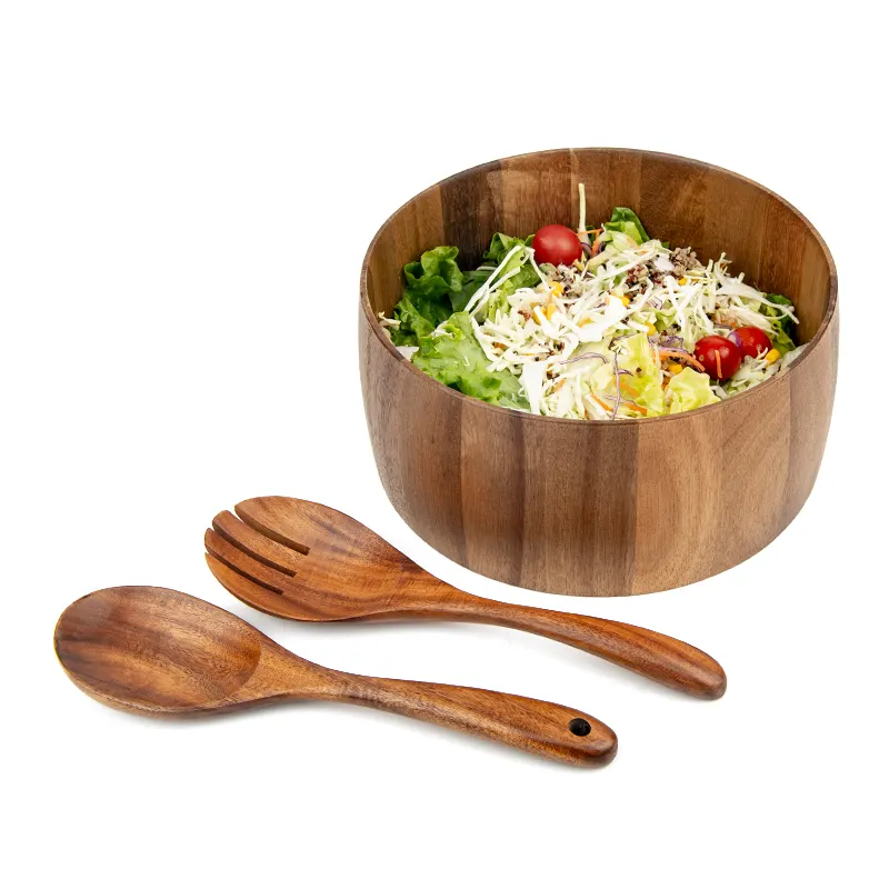 Large Acacia Wooden Bowl With Utensils For Serving And Mixing Salad Acacia Wood Salad Bowl Set