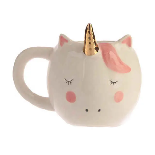 Taza de unicornio de 300mL, taza de café de cerámica de unicornio 3D, de arco iris, estéreo, de oro/cobre