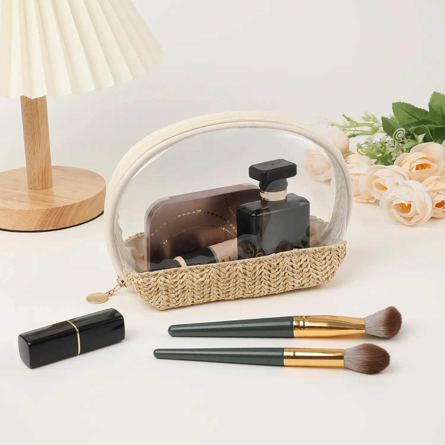Clear PVC Bag Straw Clutch Handmade Pouch Bag Transparent Woven Straw Make Up Cosmetic Bag