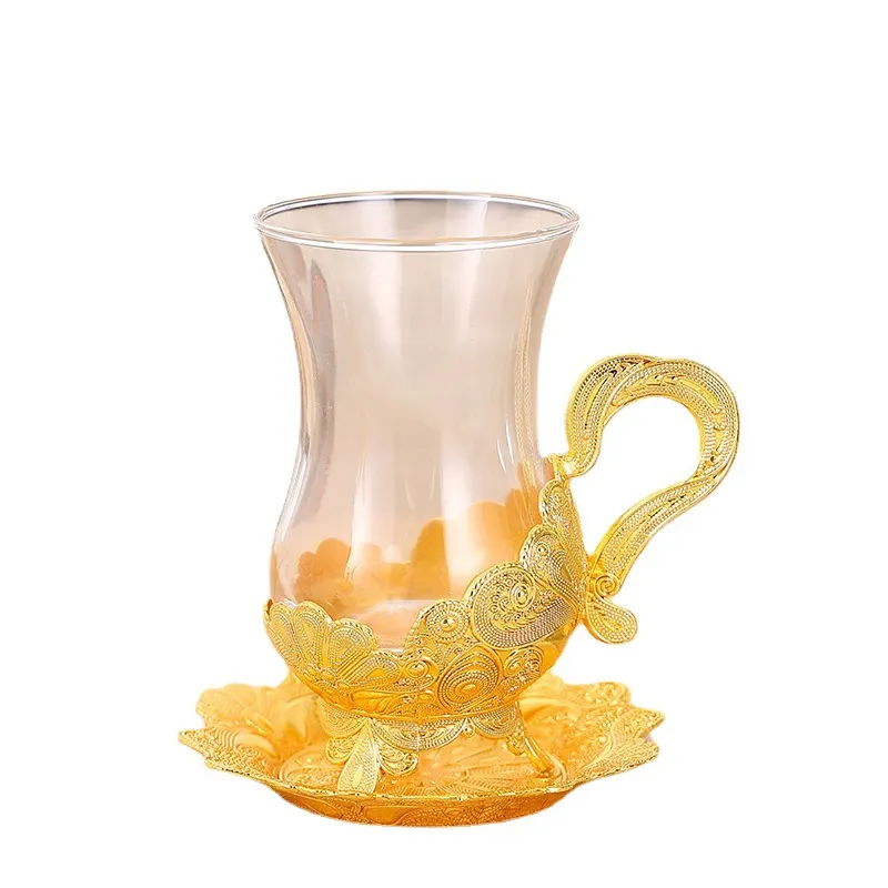 Altın cezve ve coaster tabaklar düğün ev dekorasyon için Metal tutucu ile arapça çay ve kahve seti cam bardak seti