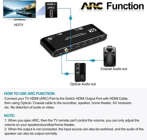 4K <strong>HDMI</strong> <strong>Switch</strong> Audio <strong>Output</strong> 4-port <strong>HDMI</strong> Switcher <strong>2</strong>.0b 4x1 with ARC Coaxial Toslink 3.5mm with IR Remote Control <strong>Hdmi</strong> <strong>Switch</strong>
