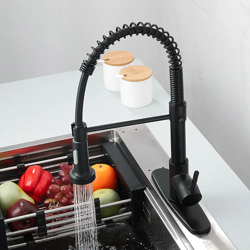 Robinet Commercial en laiton massif de service OEM, robinets d'évier de cuisine à ressort, robinets de cuisine à ressort noir mat