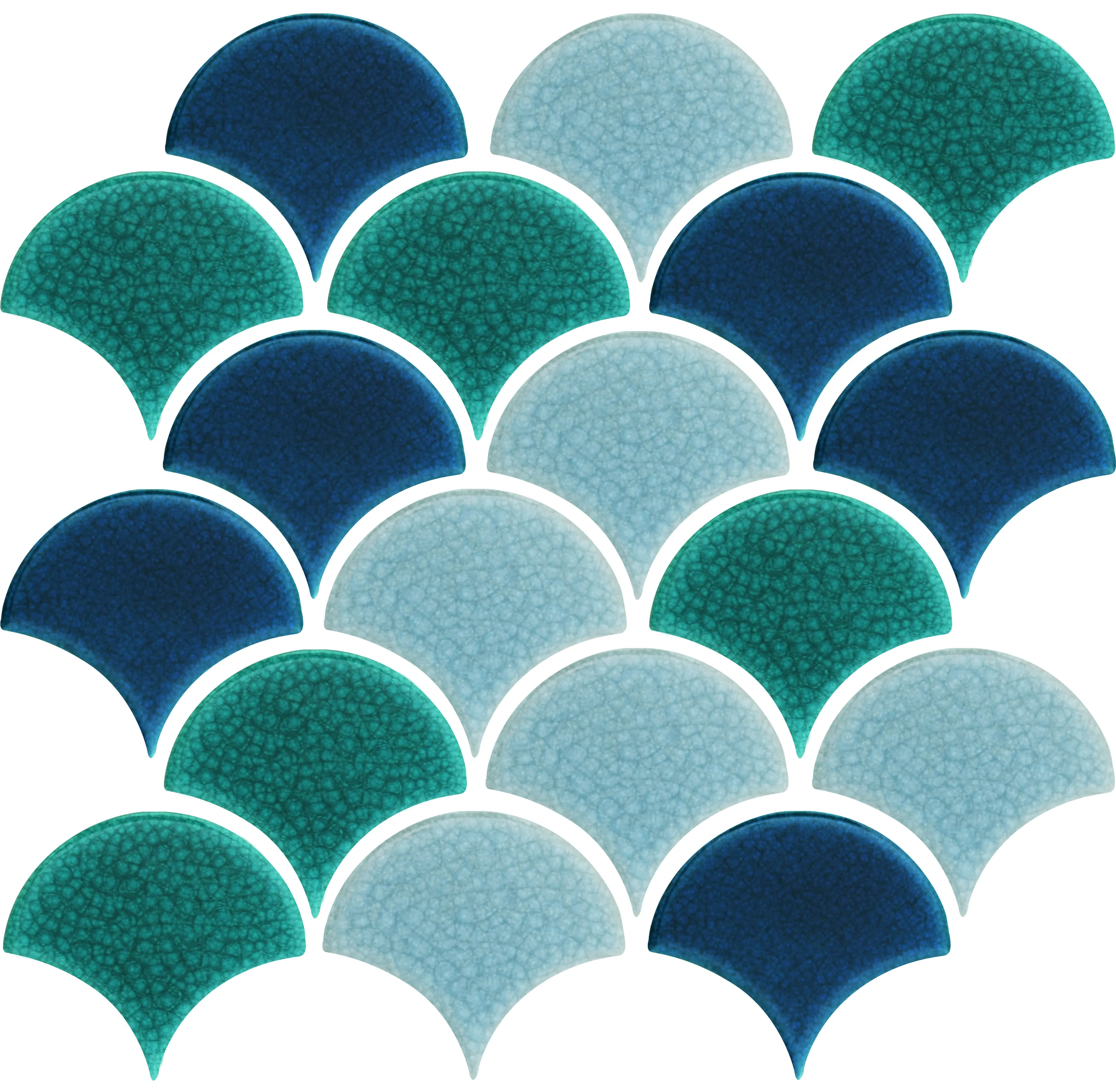 Piastrella a mosaico in ceramica a forma di ventaglio verde e blu di colore misto popolare vendita calda piastrella da parete per squame di pesce con crepa di ghiaccio