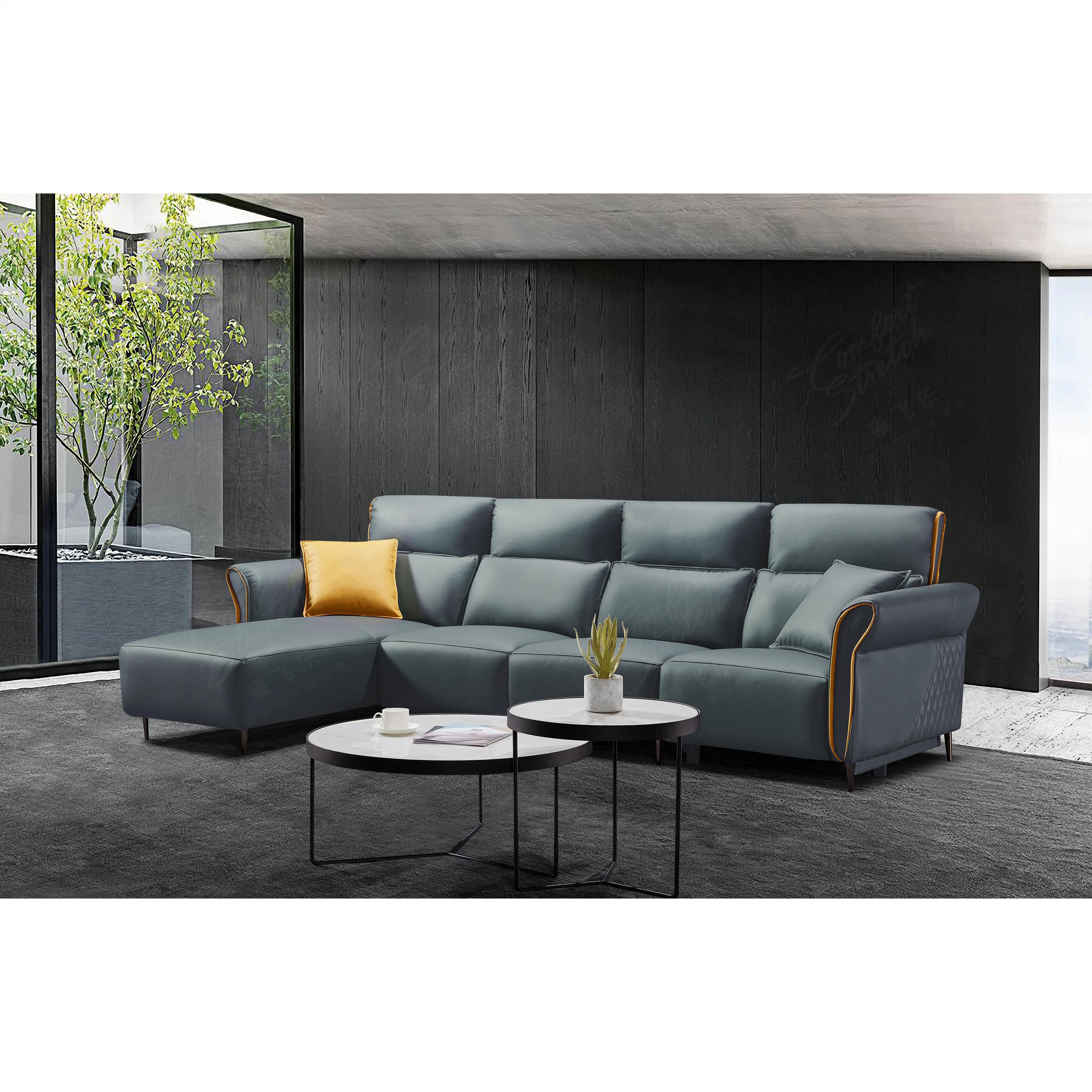 Meubles de maison intelligente design italien canapé en cuir bleu ensemble de canapé inclinable canapés modernes de salon avec deux coussins