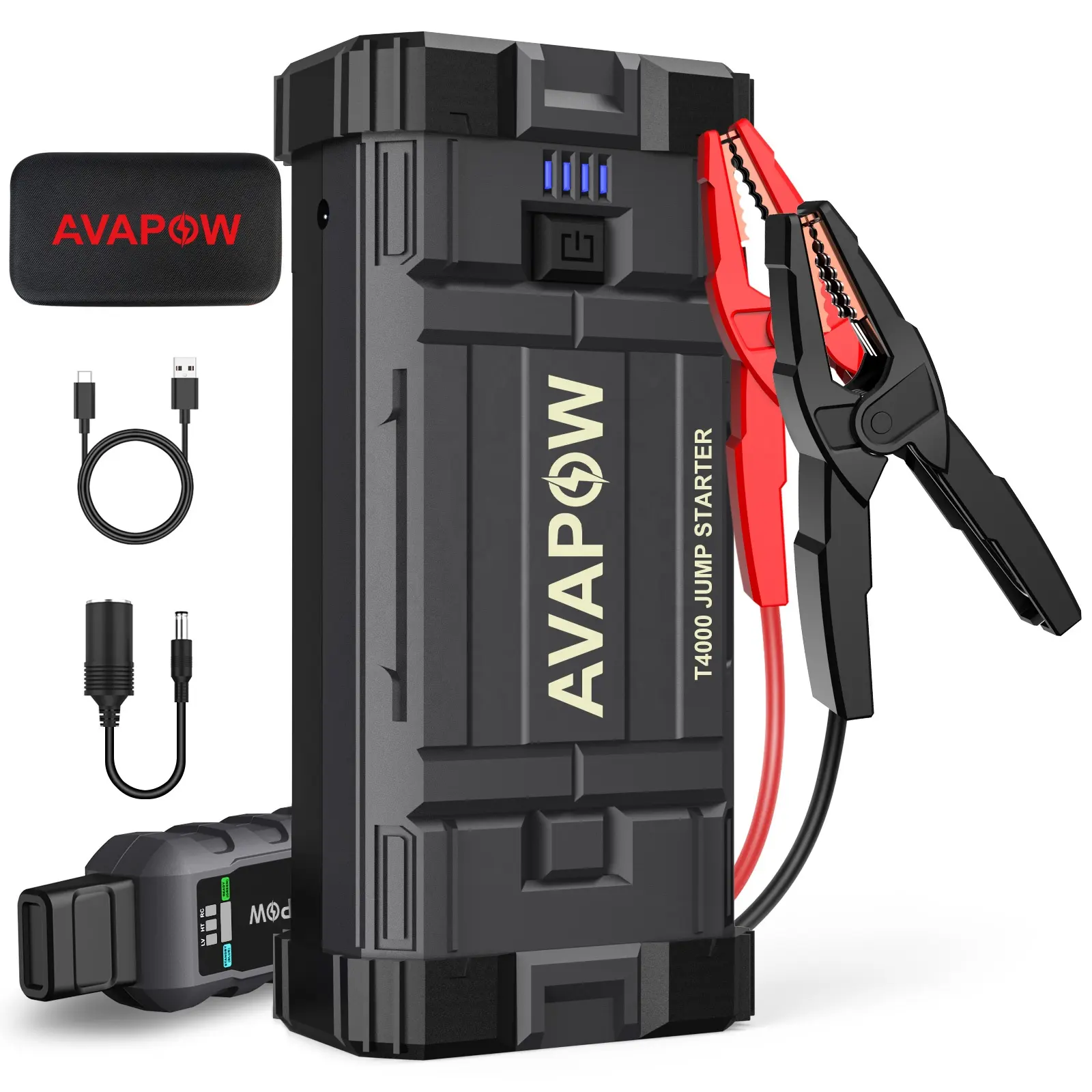 A58 AVAPOW 뜨거운 판매 12V 휴대용 자동차 배터리 스타터 4000A 19200 mAh 자동차 배터리 부스터 3 IN 1 전원 은행 점프 스타터