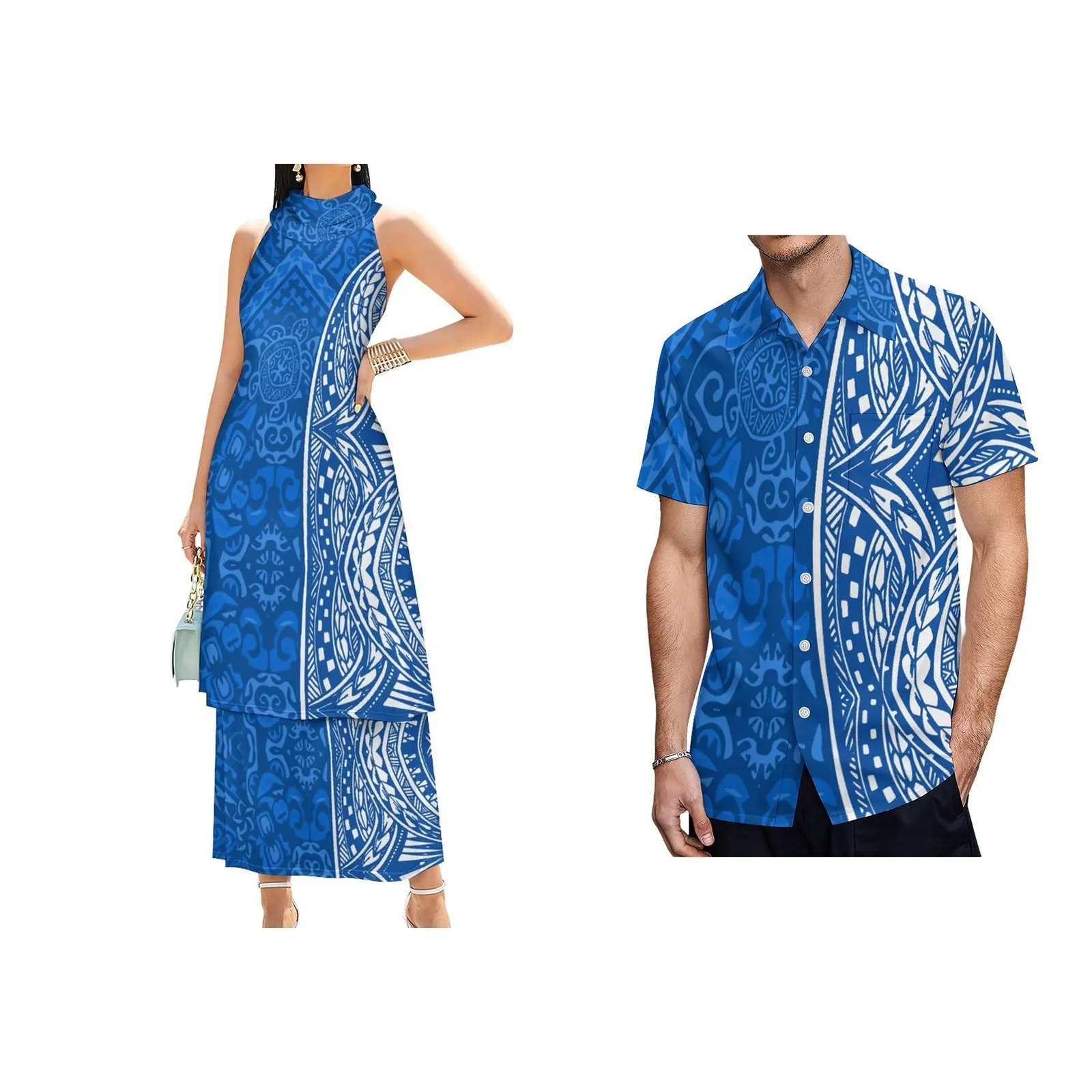 Commercio all'ingrosso hawaii coppie polinesiane set casual plus size camicia da uomo e vestito tribale puretasi set da 2 pezzi vestiti da coppia per feste