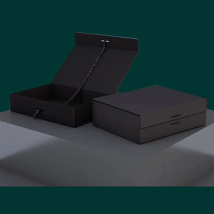 Caixa dobrável de papel magnético rígido preto para presente com fecho de fita para vestido de noiva, logotipo personalizado de luxo por atacado