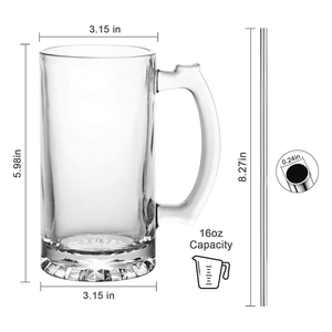 RTSセット6つのガラスビールマグ、ハンドルストロー付き18オンスの大きなビールグラス、Fre用の固体透明飲用ガラスウェアビールカップ - Product Image 2
