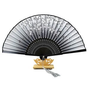 热销新产品日本竹制手持风扇传统流苏手扇涤纶定制印花竹制手持女扇