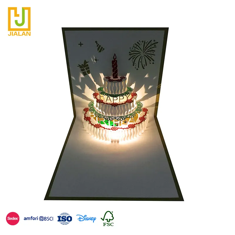 Tarjeta de cumpleaños pop-up 3D, tarjeta de feliz cumpleaños con luz LED cálida con corte láser de música, tarjeta de felicitación de feliz cumpleaños