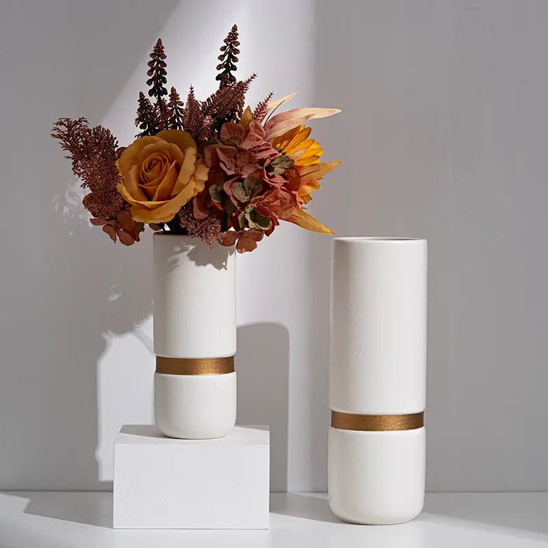 Vase de taille en céramique plaqué or style moderne décoration cylindrique blanche unie décoration intérieure de style nordique
