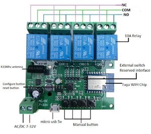 Tuya4ギャングリレーサポートAlexaGoogle Home DC/AC 7-32V 85-250V 433Mhzスマートスイッチ4CHWiFiスイッチスマートリモートコントロールスイッチ - Product Image 6