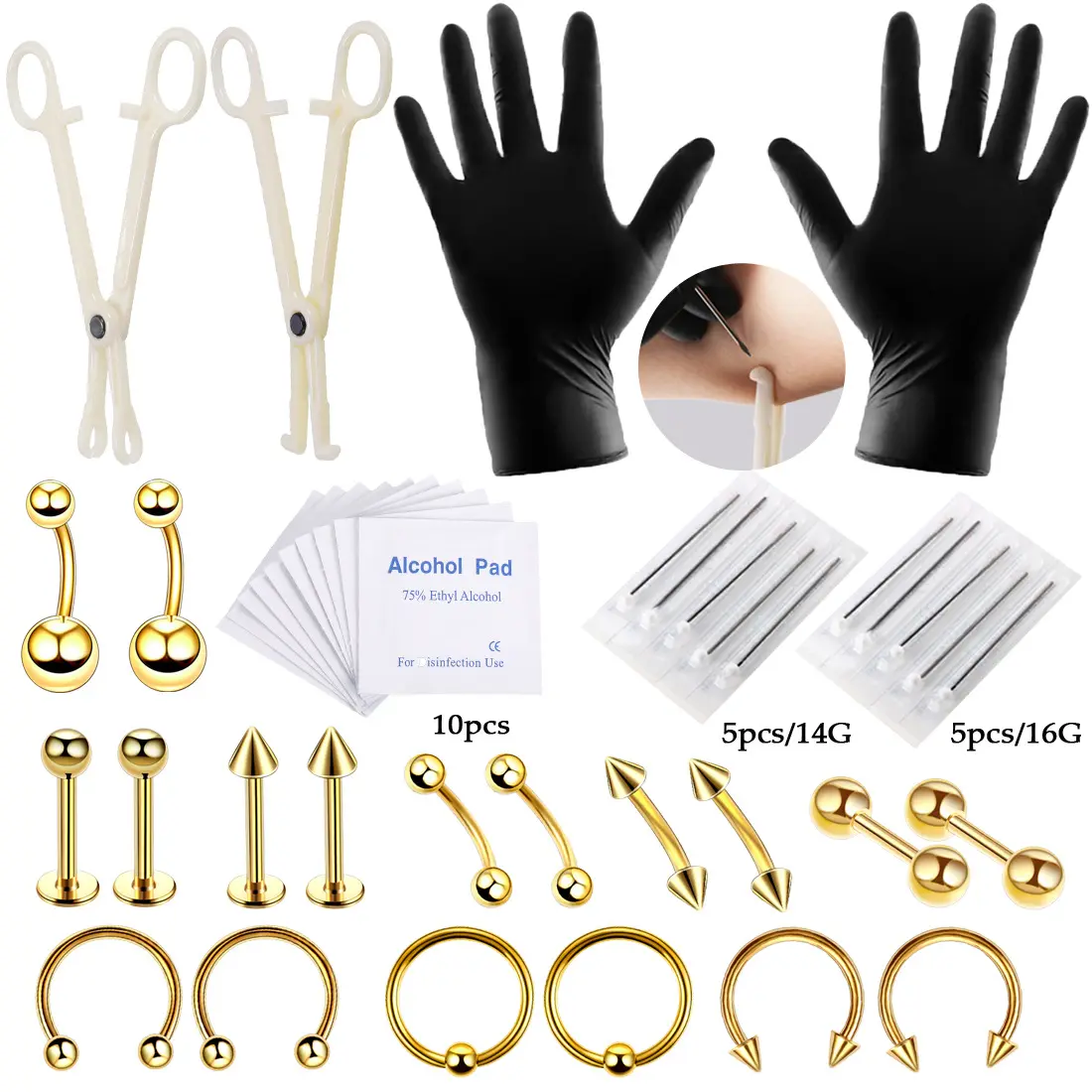 42 pz/set Tongue Sopracciglio Naso Anelli Del Tasto di Pancia Morsetto Aghi Tool Kit Spina di Orecchio Prong Studs Monili Penetranti Del Corpo