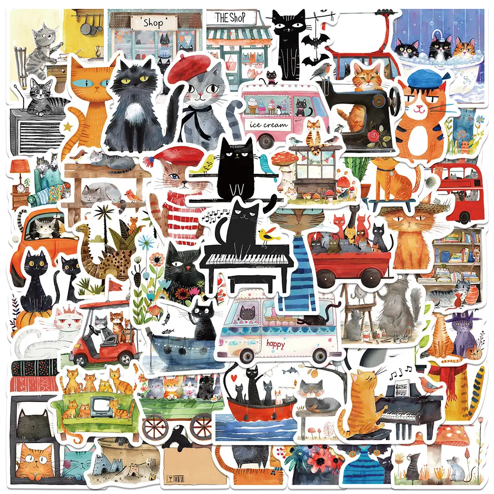 50 pièces intéressant Illustration Art chat Graffiti autocollants pour livre réfrigérateur vinyle dessin animé chaton bricolage autocollant