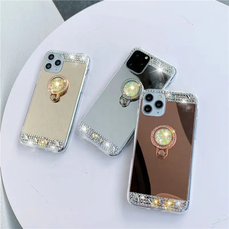 Untuk iPhone Kristal Berlian Imitasi Mewah Bling Diamond TPU Glitter Cermin Ring Stand Bracket Ponsel Case untuk Samsung Galaxy S9 S10