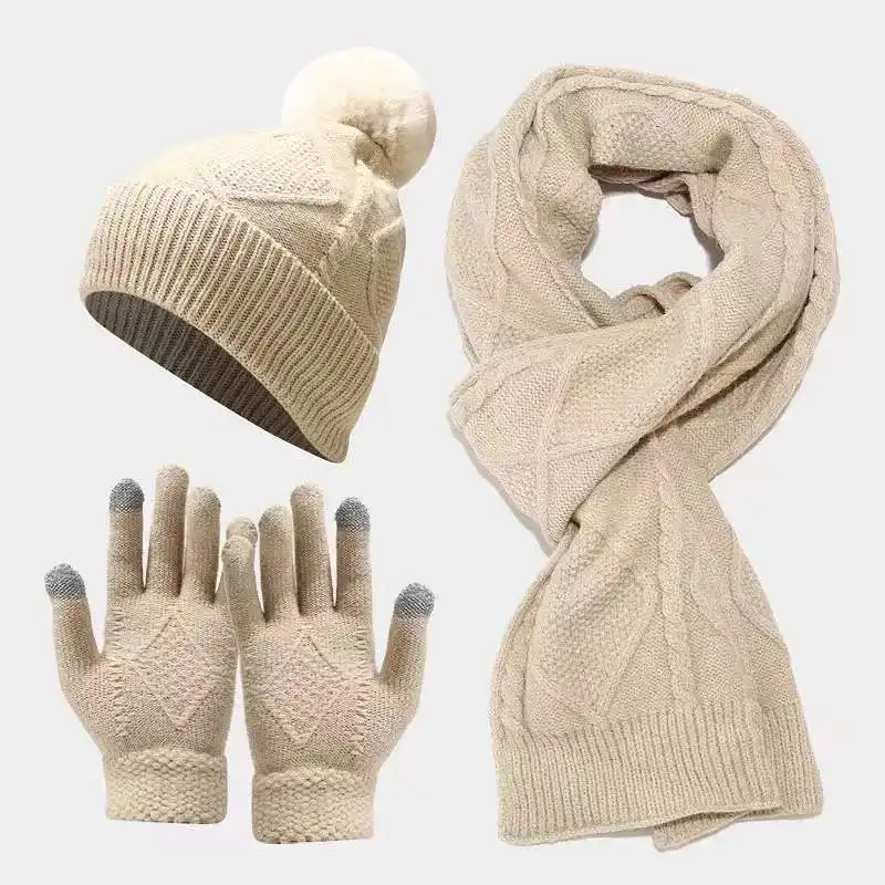 Ensemble bonnet et écharpe longue, pour l'hiver, couleurs, lot de 3 pièces, écharpe chaude, chapeaux tactiles
