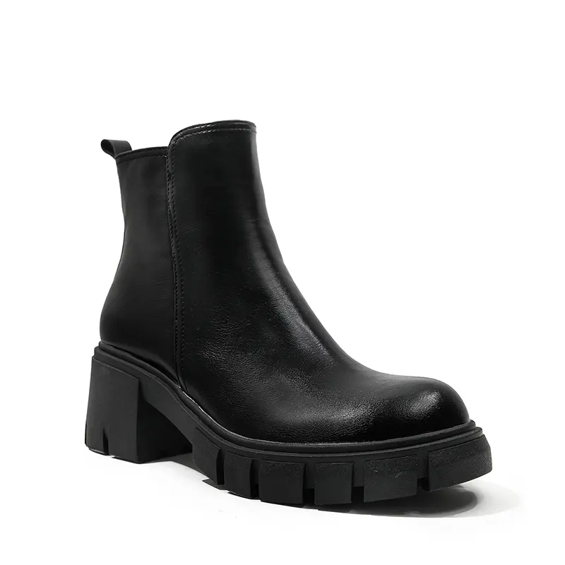 Botas de punta redonda de cuero negro para mujer y niña, botines de diseño clásico, botines