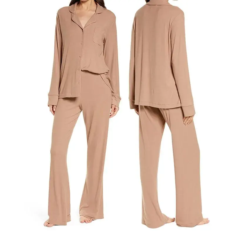 Viscose de Bambu Pijama Soft Rib Malha Longo Top E Calças Mulheres Loungewear Set