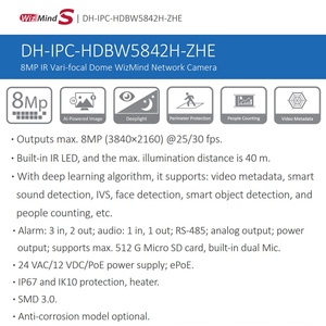 IPC-HDBW5842H-ZHE Alhua Outdoor Motorisierter Zoom 8MP 4K Dome AI Personen zählen Projekt verwenden Analoger BNC-Ausgang PoE IP-Kamera Dahua - Product Image 3