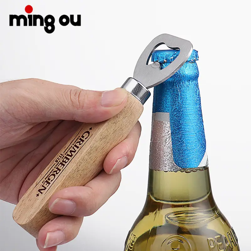 Logo Aangepaste Promotionele Rvs Houten Handvat Bier Flesopener