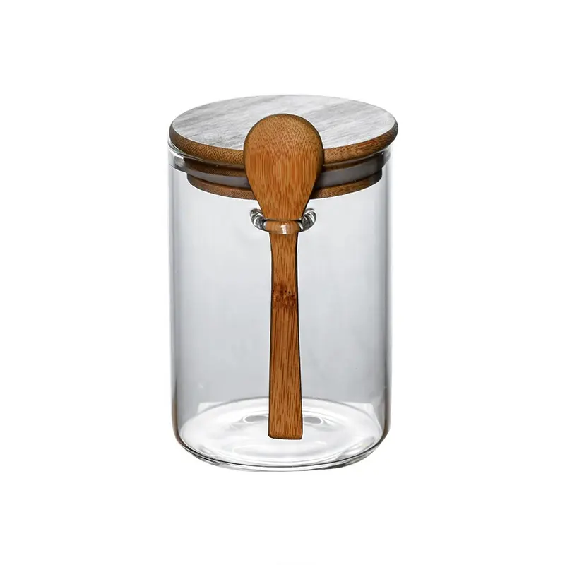 Eco-Friendly Feature borosilicate glass food spice jar clear glass storage jar with bamboo spoon and press lid