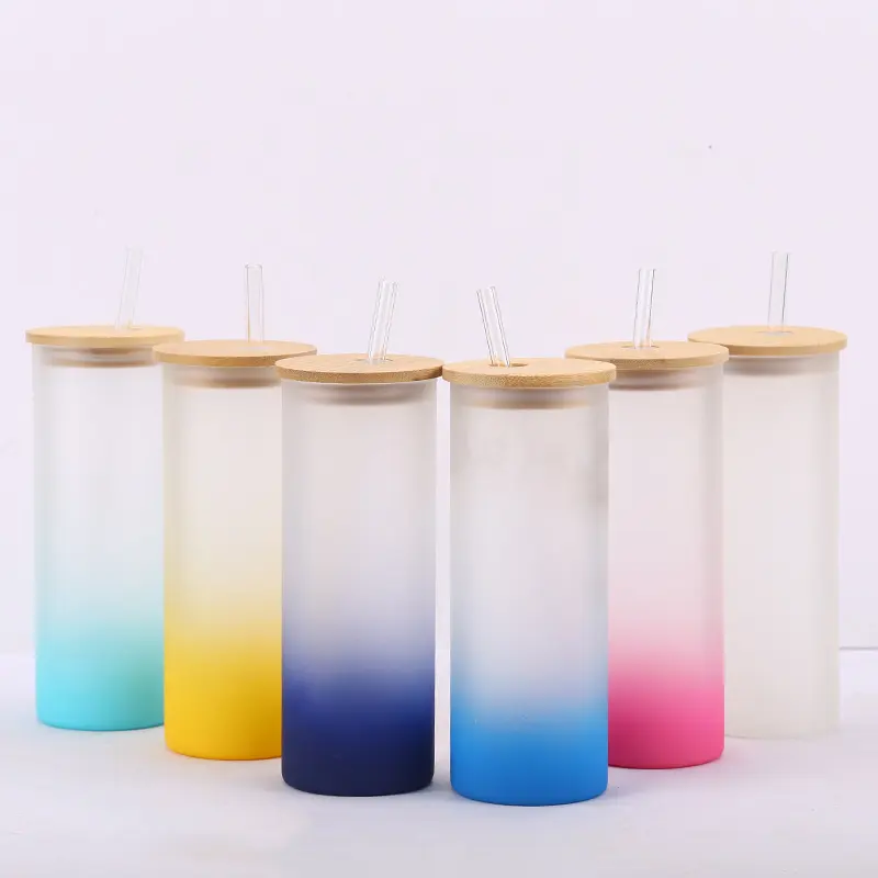 Botella de agua de transferencia de revestimiento térmico de 25Oz, latas de vidrio de sublimación esmerilado transparente, vasos de vidrio con tapa de Bambú