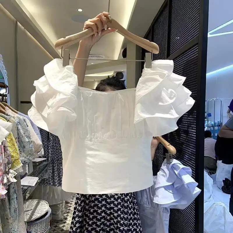 2024 Spot Südkorea Sommer neue faltige Design Sinn für Mode hoch taillierte kurze Bluse