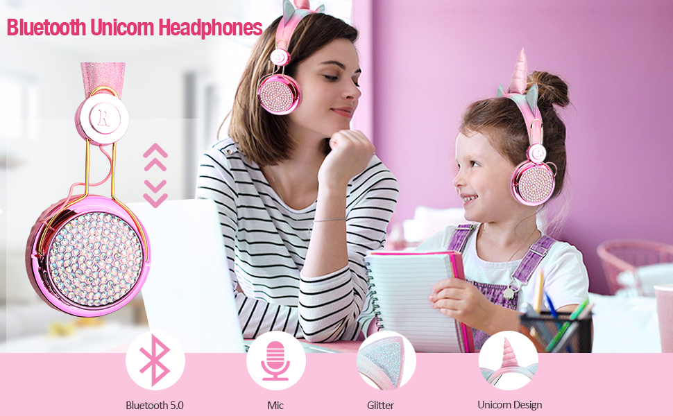Kids Wireless Headphones for Kids Unicorn Bluetooth Headphones w/Microphone Adjustable Headband Over On Ear Headset Earphone
