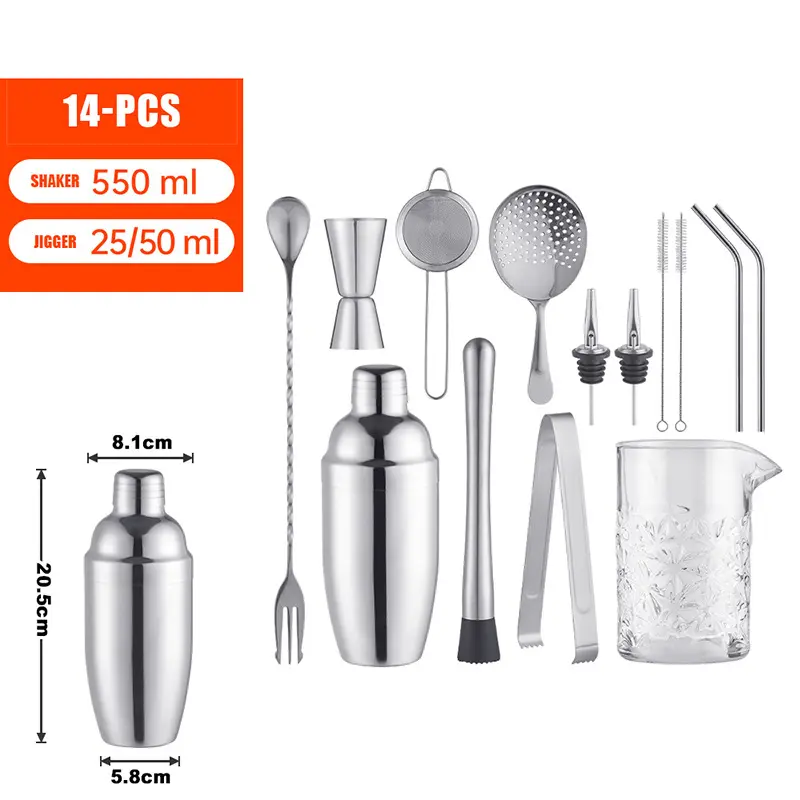 Cocktail Liquidificador de aço inoxidável conjunto completo de coquetéis e coquetéis, kits de bar, acessórios para bartending, 14 unidades