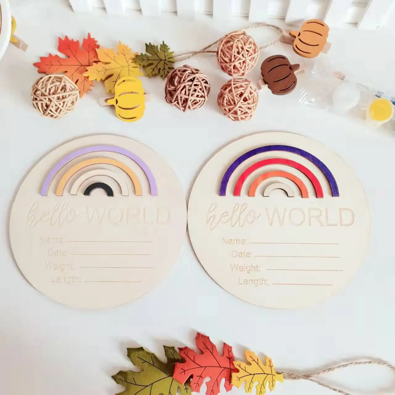 Arco Iris de colores para bebé, discos de madera grabados, anuncios de nacimiento, tarjetas Milestone