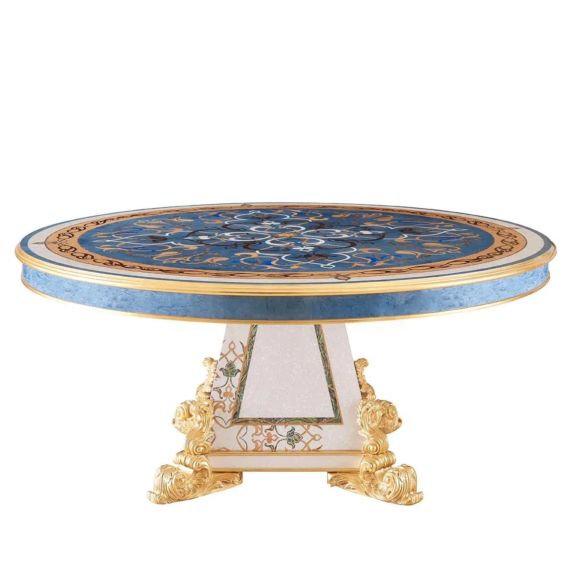 French hand painting Antique Solid Wood round shape white shell gold leaf 1.5 to 2.2m dining table for 6/8/10 chairs