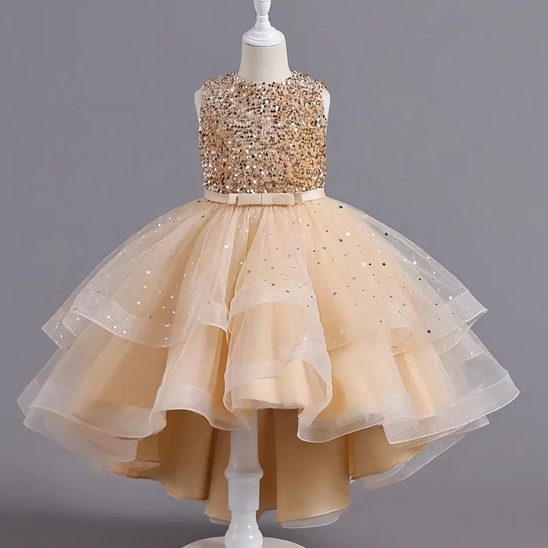 Vestido de festa infantil, vestidos de festa luxuosos com lantejoulas para meninas de 3-14 anos, vestido de princesa para caminhada