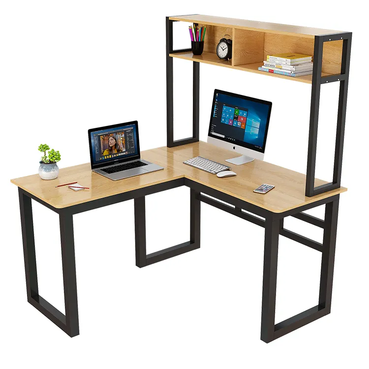 Mesa de escritório moderna em forma de l, quadro de mesa do estudo do computador com prateleira