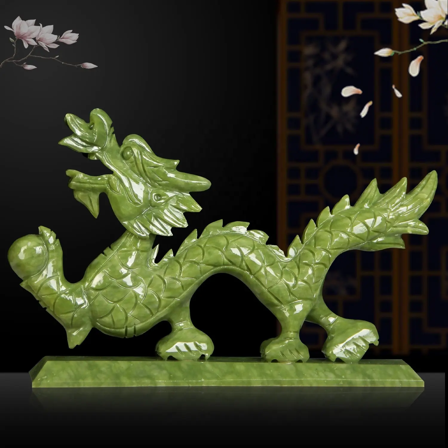 Chinese Feng Shui Dragão Jogar Bead Estátua Natural Jade Dragão Escultura para Home Office Decorações Art Collection Ornamento