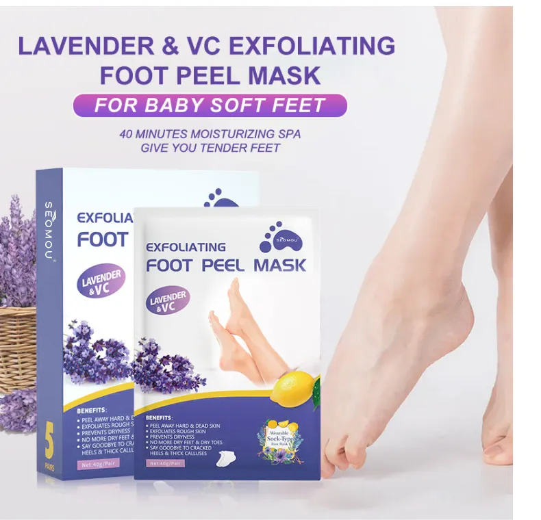 Etiqueta privada Lavanda exfoliación peeling máscara de pie para el cuidado de la piel del pie eliminar la piel muerta máscara de pies máscara de pie Calcetines