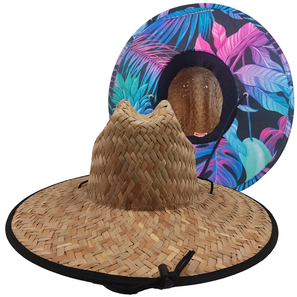 Patrón de impresión elegante de verano, protector de la vida, gran césped, paja, sombrero de playa, venta al por mayor