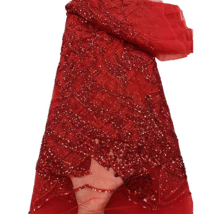 Tecido vermelho com miçangas bordados, tecido de renda elástico com contas de renda bordado