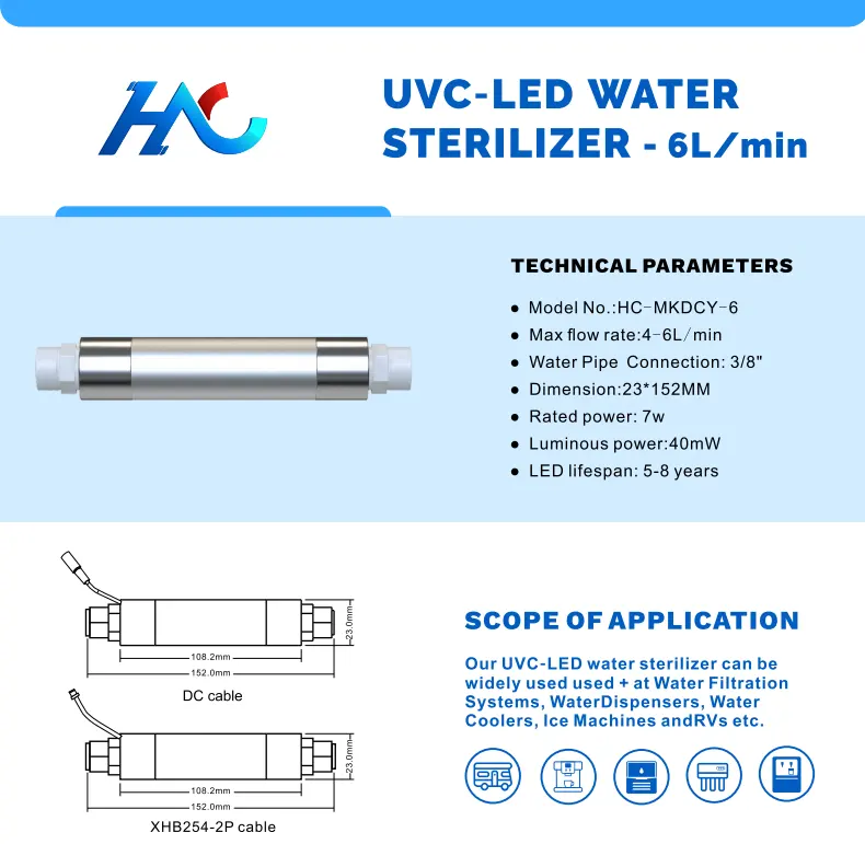 Hc-hitech flujo de agua 6L/min máquina de desinfección de agua de ofof para el hogar Los esterilizadores de agua de la UVC-LED