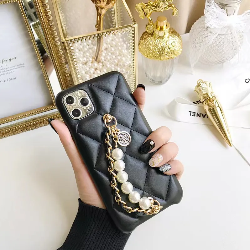 Pour Iphone 13 coque de téléphone en cuir avec chaîne de perles pour Apple 13