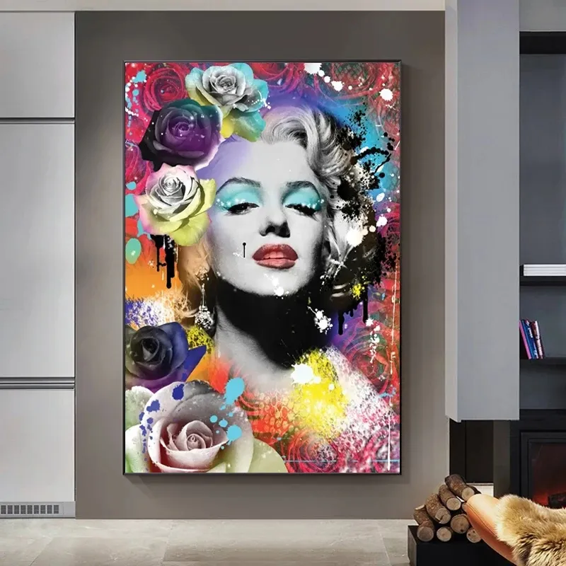 Marilyn monroe flores artísticas pop, pintura em tela, retrato, posteres, arte para parede, imagem para decoração de sala de estar