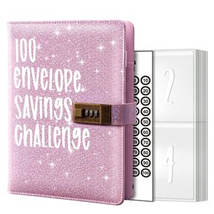 100 Day Envelope <strong>Budget</strong> Binder Leather and Paper Cover Event Notepad Money Saving Challenge Book with Lock for <strong>Gift</strong> Giving - Product Image 1