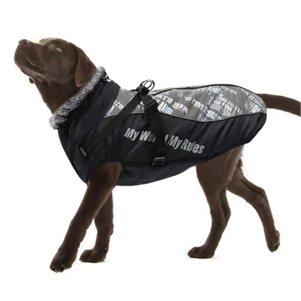 Casaco impermeável ao ar livre à prova de vento do cão com arnês Cold Weather Furry Collar Coat Inverno Reflective Warm Clothing