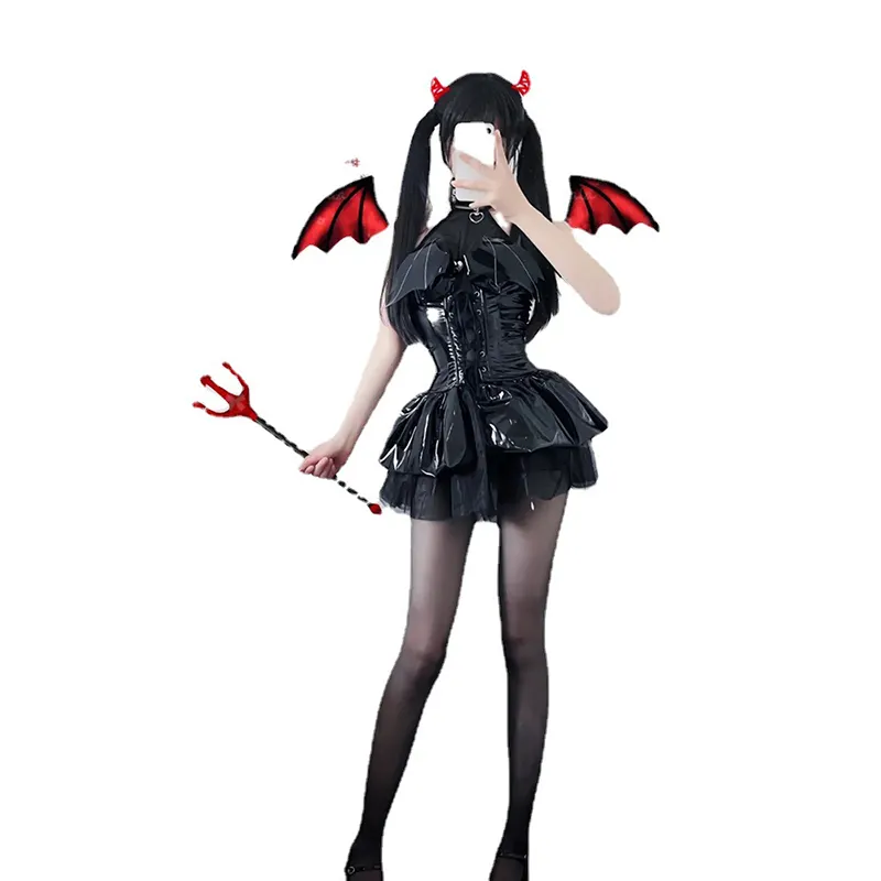 Venta al por mayor Halloween negro y rojo mujer Imp Bat charol bruja vestido disfraz Sexy seducción Daemon uniforme Cosplay conjunto