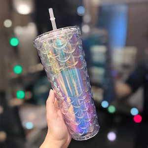 2024龙鳞杯生肖塑料不倒翁炫目双壁鱼鳞形吸管塑料杯