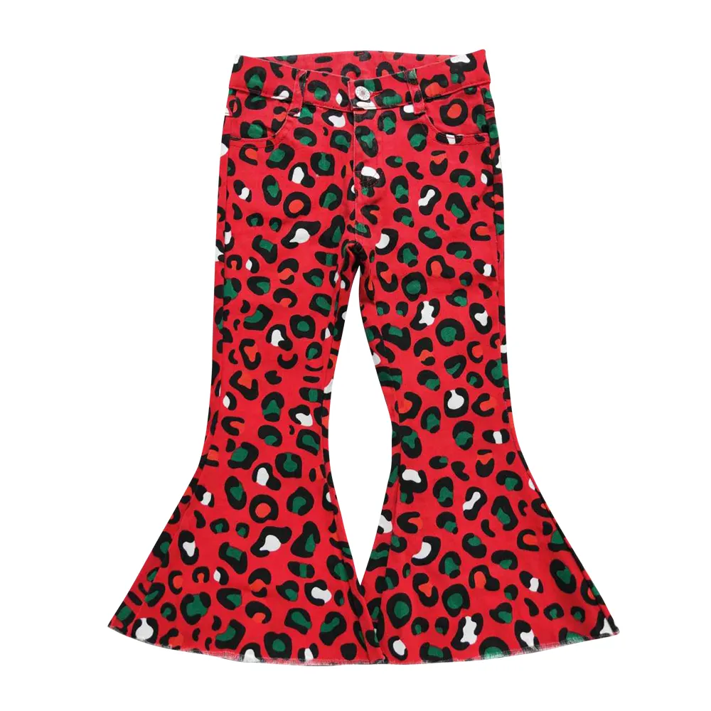 RTS Mädchen Rot Grün Leopard Jeans hose Mode Großhandel Kinder Weihnachten Stretchy Bund Boutique Bell Bottom Jeans