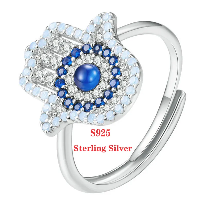 925 Sterling Silver Blue demon evil eye Zircon Fatima Hand Opening Ring Guarda Ajustável cz Anel para Mulheres Moda Jóias Finas