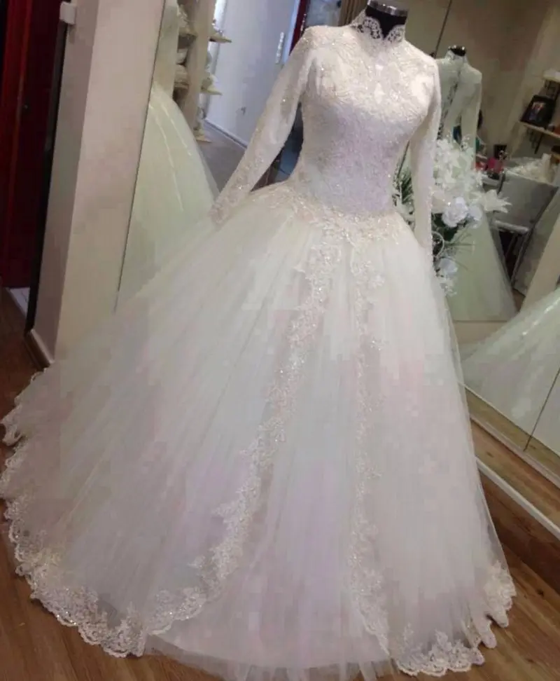 FA40 Robe de mariage vestido de baile vestidos de novia de encaje con apliques de manga larga vestido de novia musulmán princesa vestidos de novia islámicos