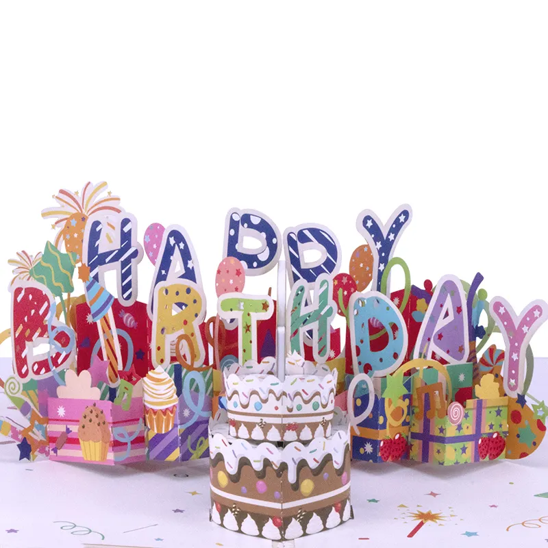Winpsheng custom design colorato blowable torta di compleanno musica LED light pop up happy birthday card 3d