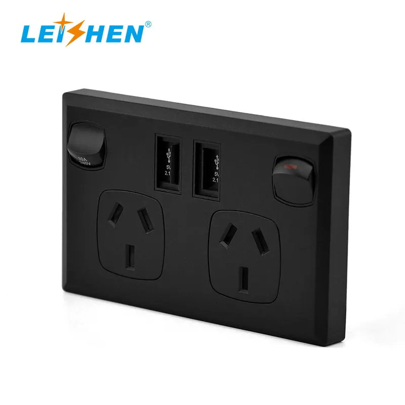 Leishen es estándar de plata negro doble powerpoint salida USB enchufe de pared Espana con punto de fuerza USB persianas SAA aprobó